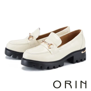 【ORIN】經典馬銜釦牛油皮壓紋厚底樂福鞋 米色