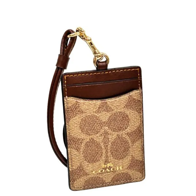 【COACH】金色LOGO燙印防刮皮革掛式證件票卡夾-卡其駝