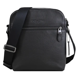 【COACH】簡約金屬LOGO荔枝皮革直式記者包斜背包(黑)