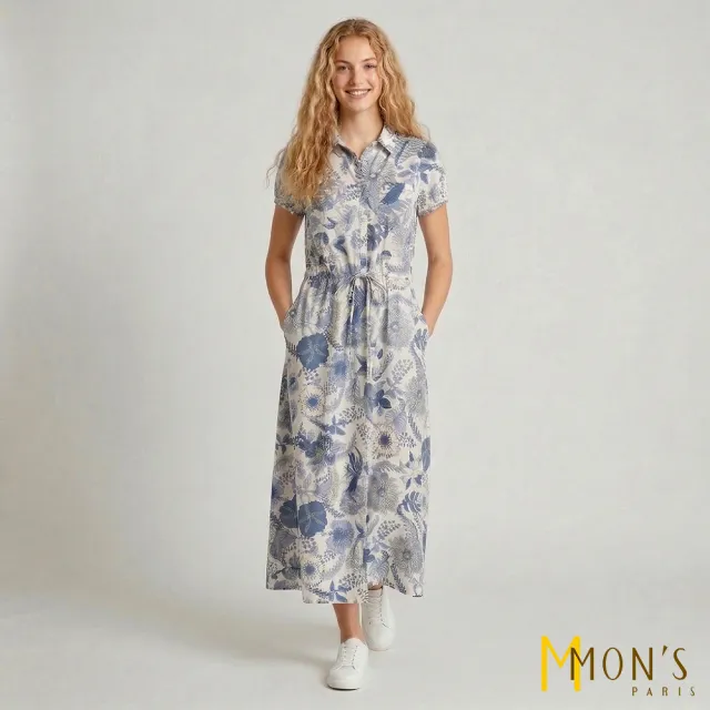 【MON’S】藍調花影收腰襯衫洋裝(直)