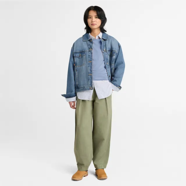 【Timberland】女款灰藍色刺繡LOGO短袖T恤(A2PUPB88)
