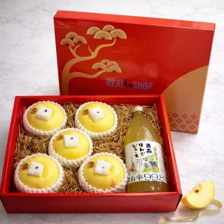 【RealShop 真食材本舖】日本金星蘋果5顆+青森蘋果汁 共約2.8kg&plusmn;10%x1盒(水果禮盒G)