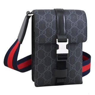 【GUCCI 古馳】GG Supreme 經典雙G印花迷你翻蓋郵差包斜背包(黑灰)
