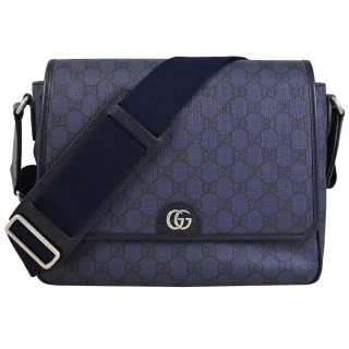 【GUCCI 古馳】Ophidia GG Supreme 經典雙G印花翻蓋郵差包斜背包(深藍)
