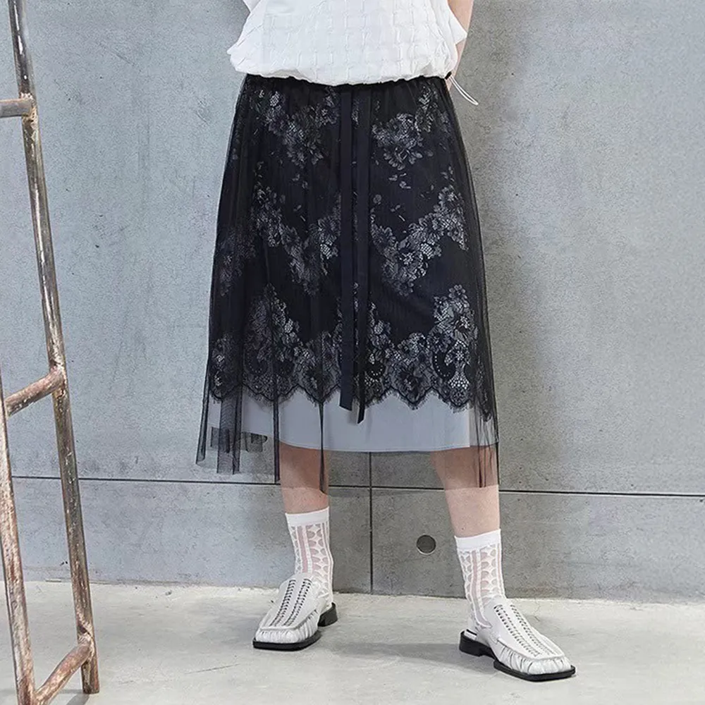 【ICHE 衣哲】Cop.Copine 法國原裝進口黑紗立體刺繡層次感半長圓裙