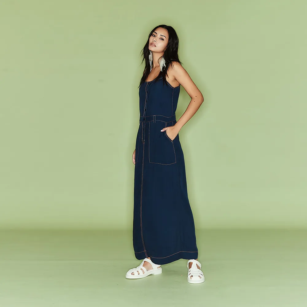 【ICHE 衣哲】Cop.Copine 法國原裝進口經典牛仔吊帶長版洋裝