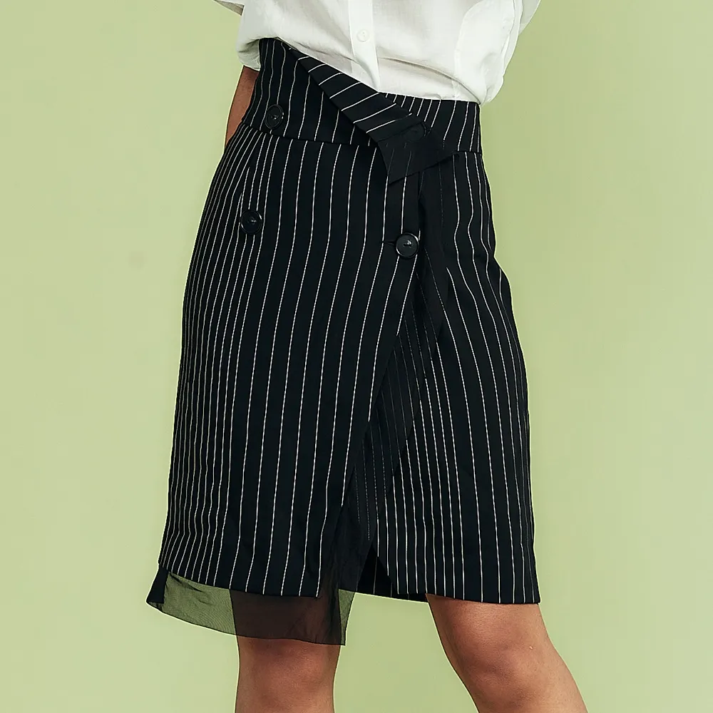 【ICHE 衣哲】Cop.Copine法式簡約風條紋拼接鉛筆造型及膝裙