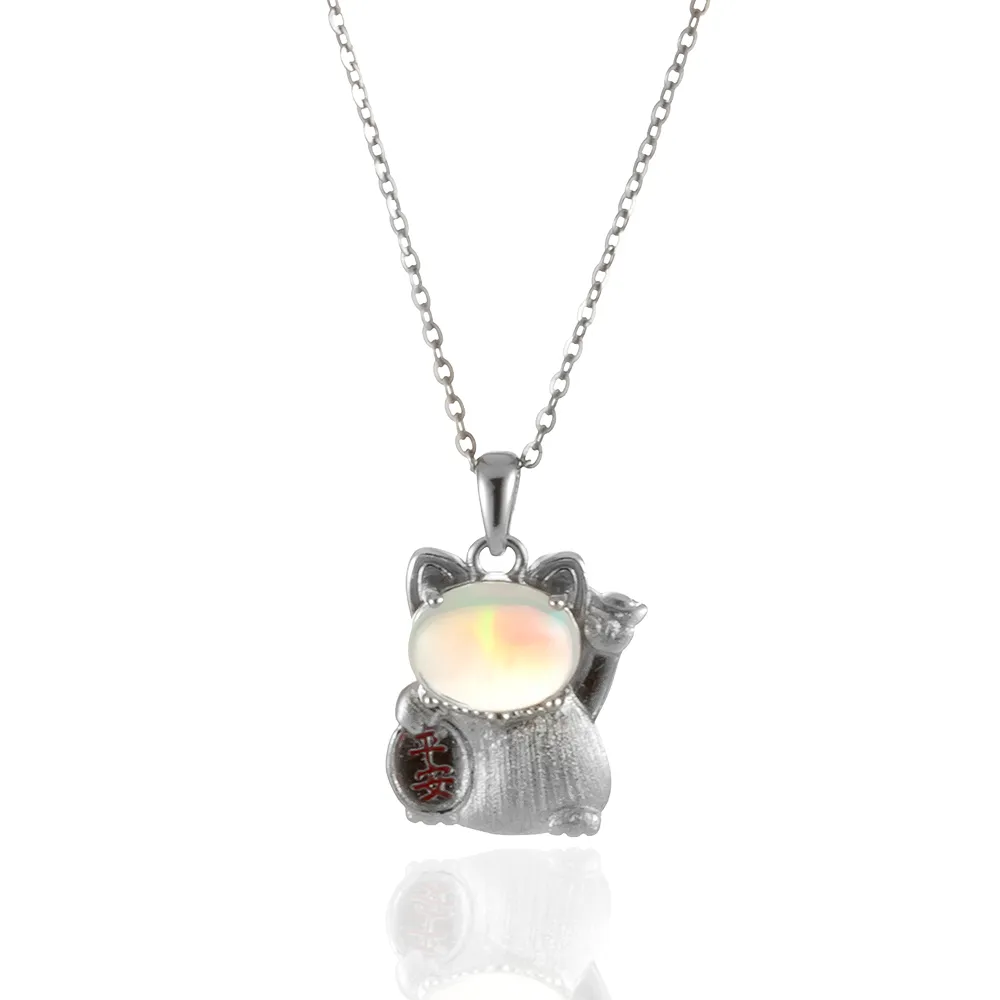 【Woogie武吉珠寶】精品蛋白石蛋面純銀招財貓項鍊(霧面金銀可選16x13mm)
