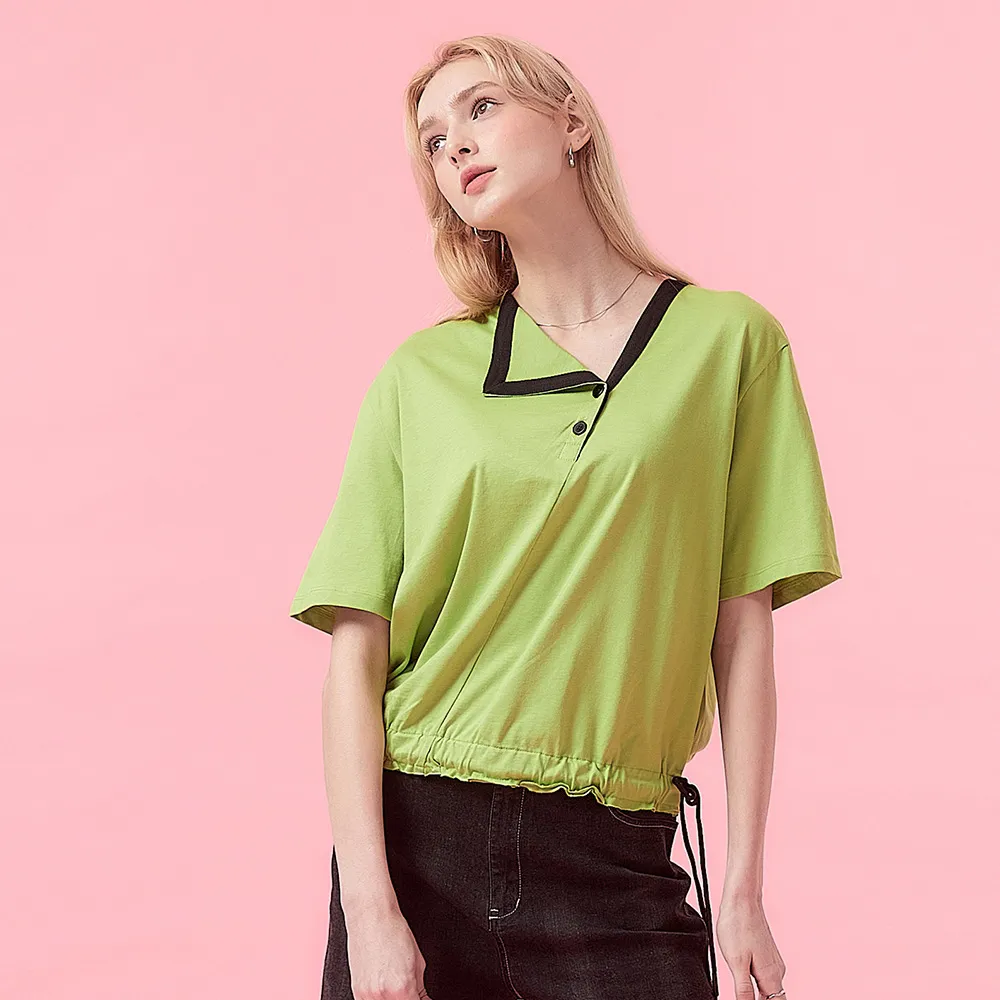 【ICHE 衣哲】Cop.Copine法式撞色滾邊拼接鬆緊抽繩翻領五分袖造型上衣