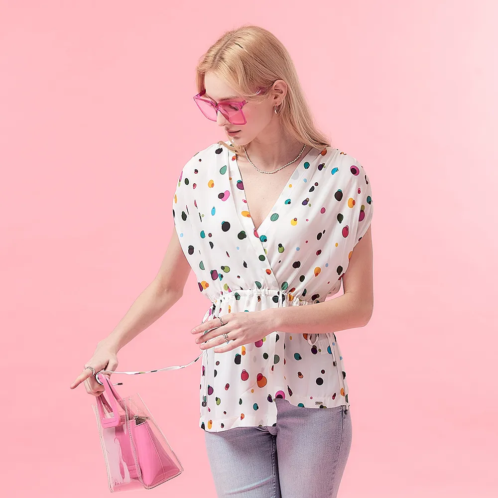 【ICHE 衣哲】Cop.Copine 法國原裝進口微甜白底彩點綁結上衣