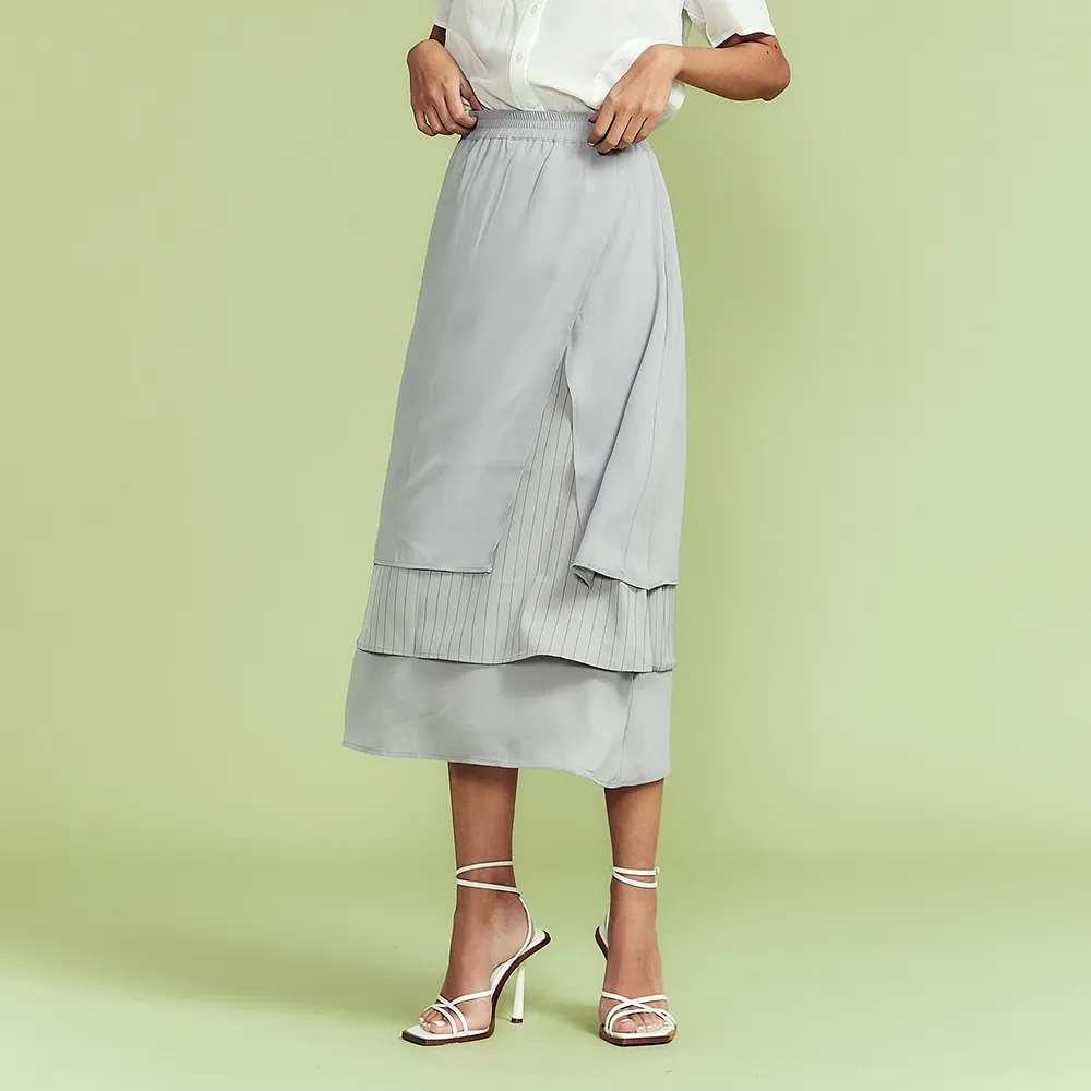 【ICHE 衣哲】Cop.Copine 法國原裝進口條紋拼接層次中長裙