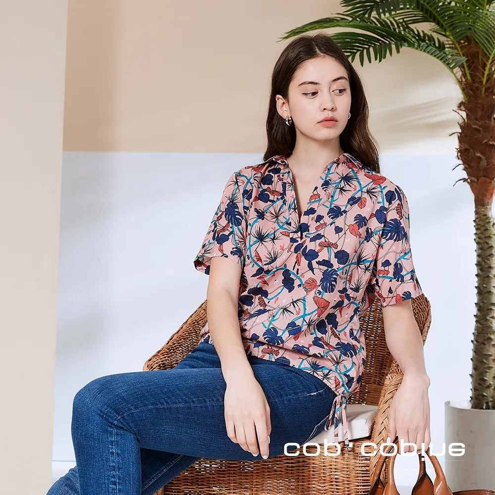 【ICHE 衣哲】Cop.Copine 法國原裝進口露肩印花露背襯衫造型上衣-花簇粉