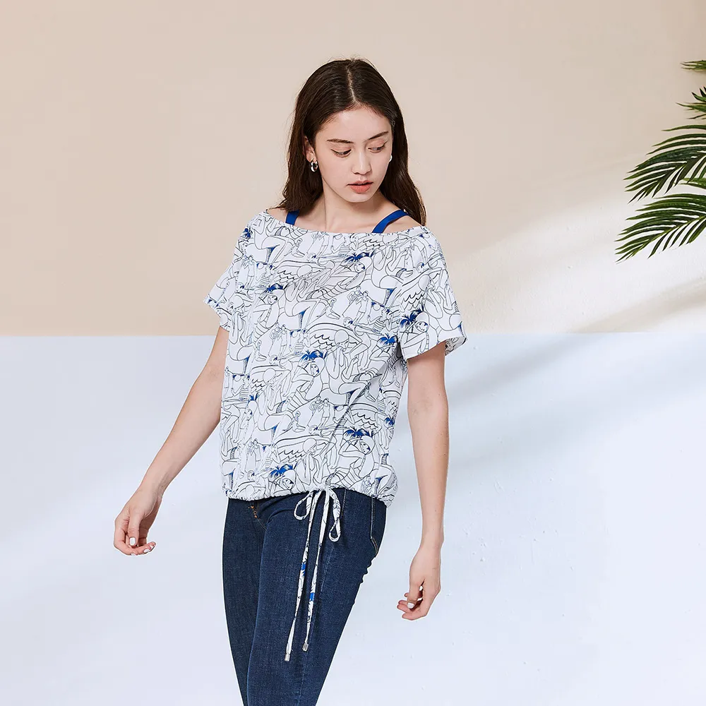 【ICHE 衣哲】Cop.Copine 法國原裝進口露肩人像印花造型上衣-奶酪白