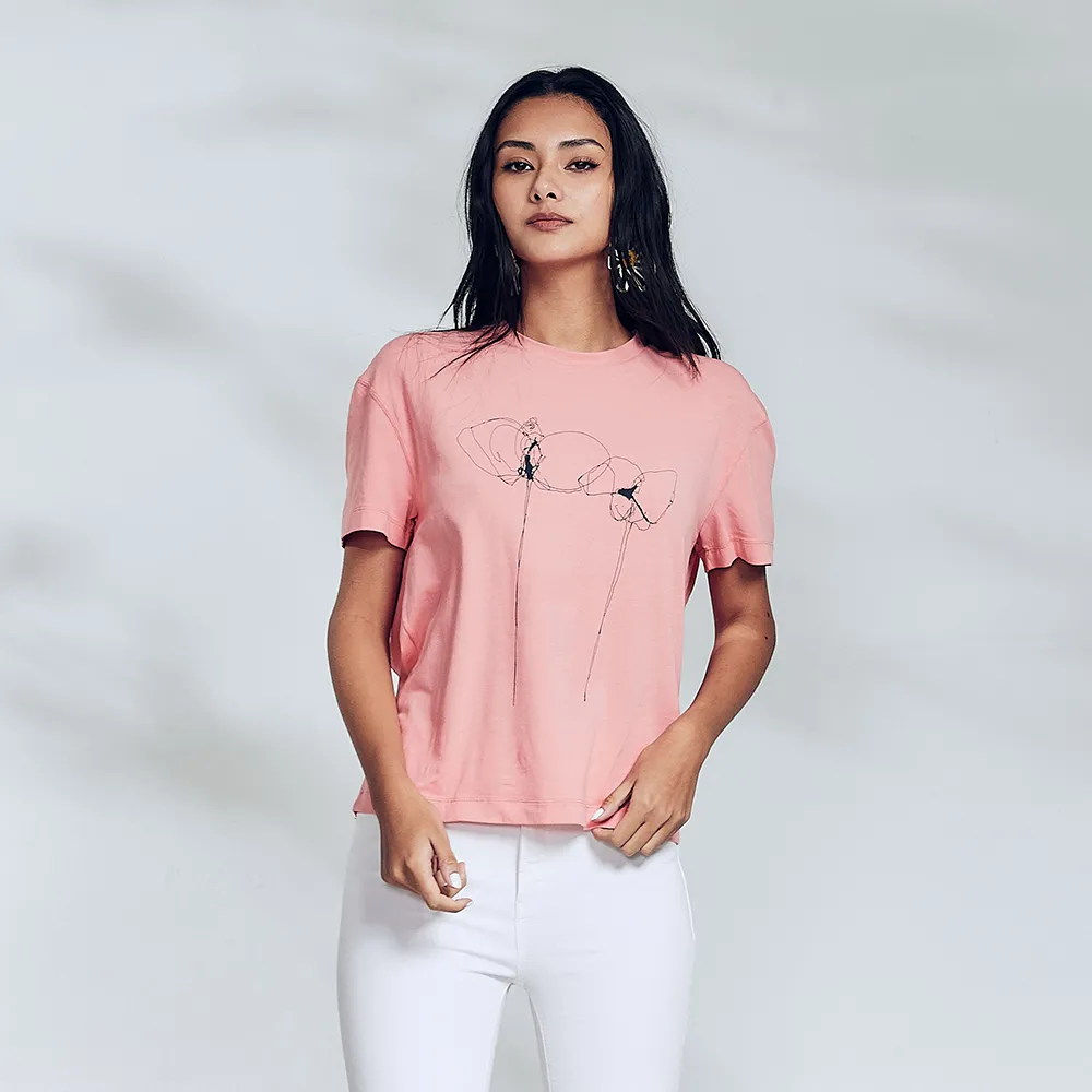 【ICHE 衣哲】Cop.Copine 法國原裝進口法式輪廓線花卉印圖蜜桃粉上衣