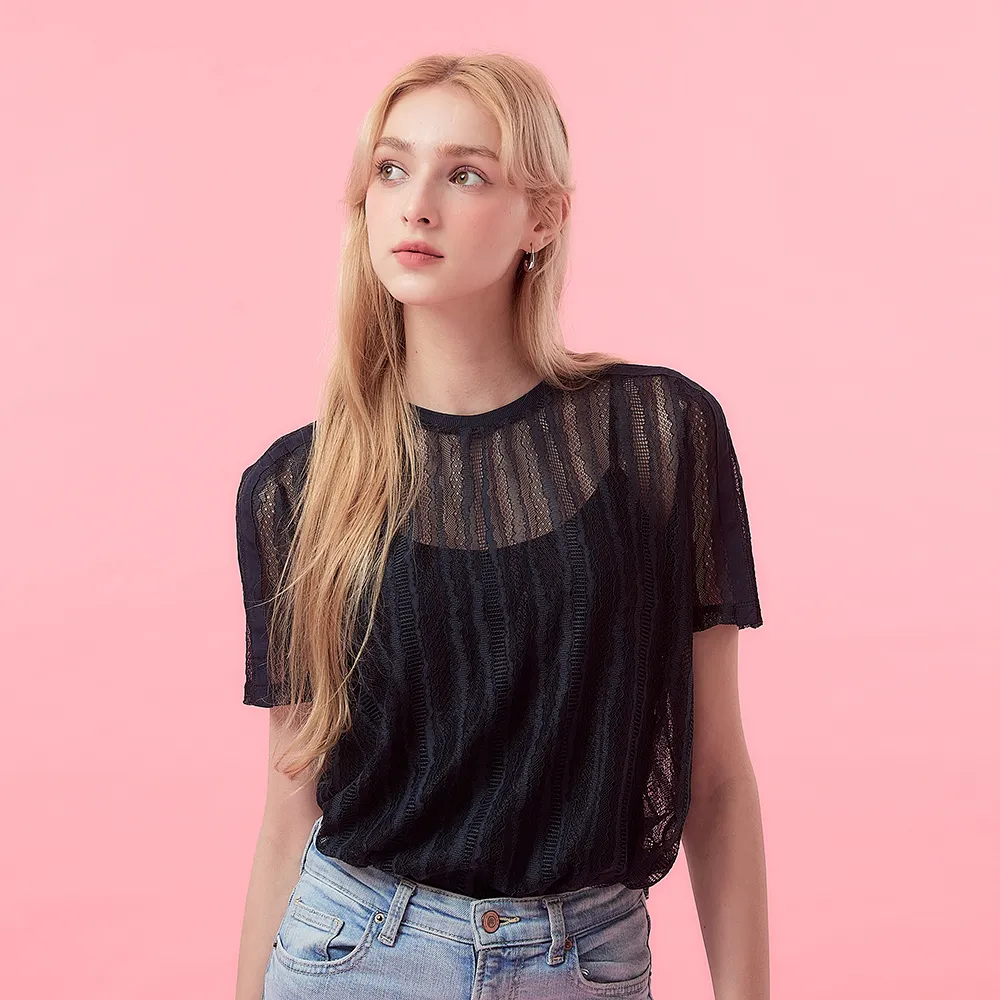 【ICHE 衣哲】Copine法式微甜微性感不規則直條紋透視針織造型上衣