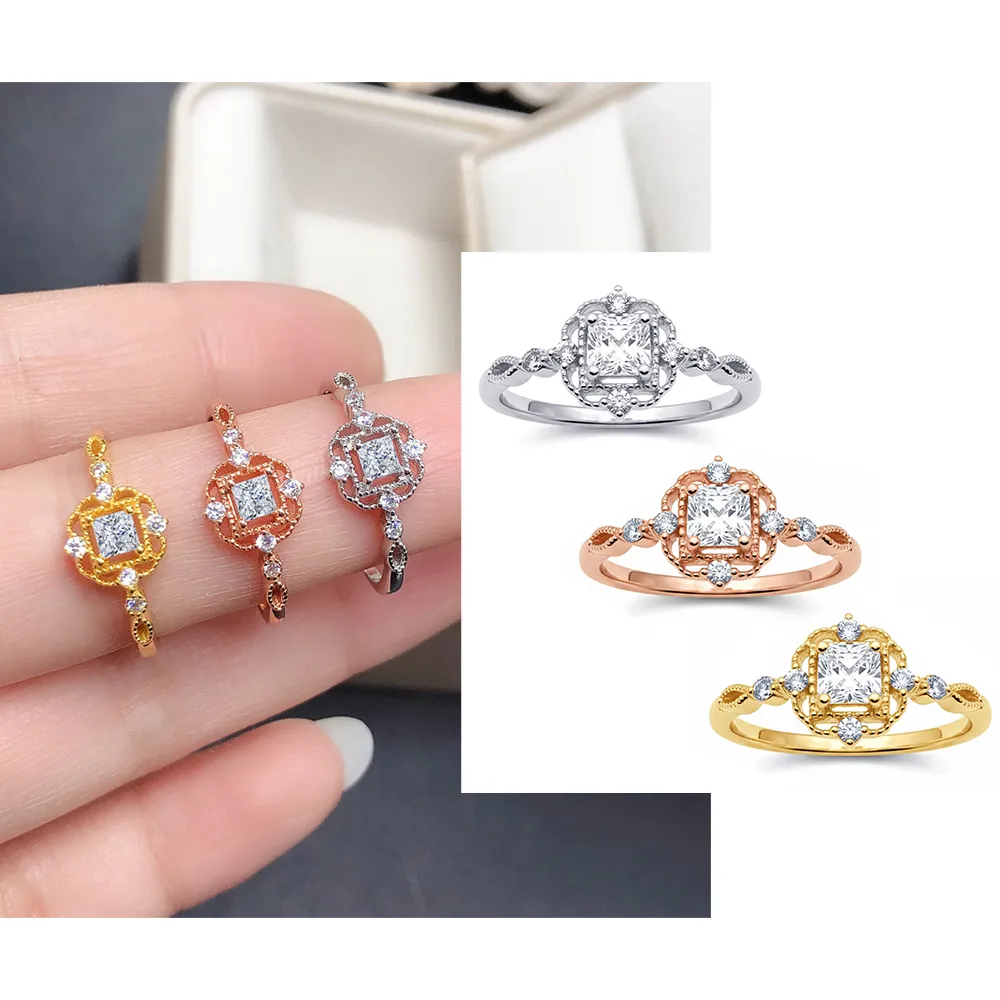 【Luster】38女王!培育鑽石 20分 D/VS 公主方 蕾絲 純銀 鑽石戒指-任選(閃耀培育鑽石專屬寵愛只為妳綻放)