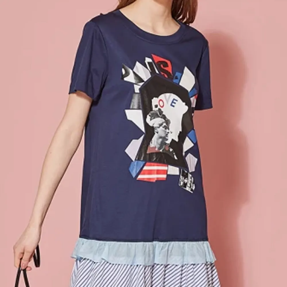 【ICHE 衣哲】時尚印花假兩件拼接疊層造型洋裝-藏藍