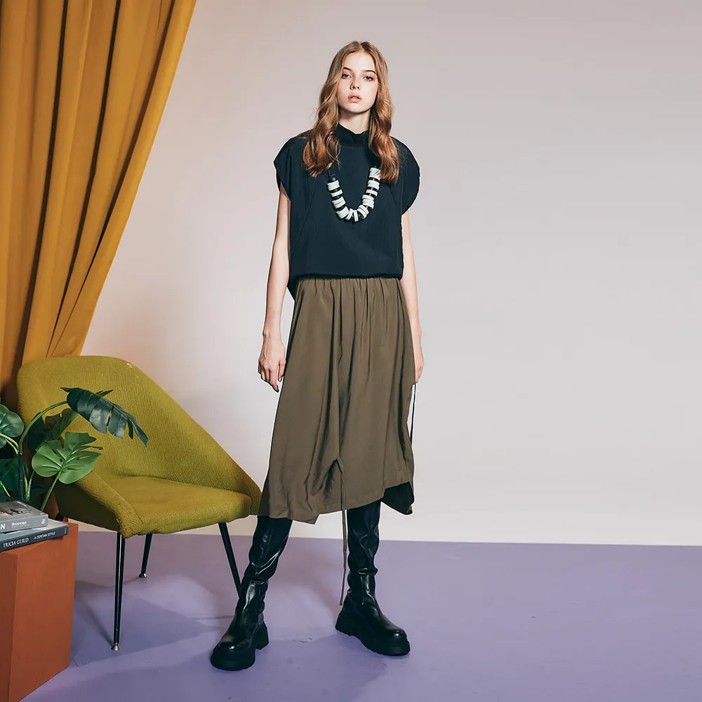 【ICHE 衣哲】Cop.Copine 法國原裝進口抽繩造型長裙-軍綠