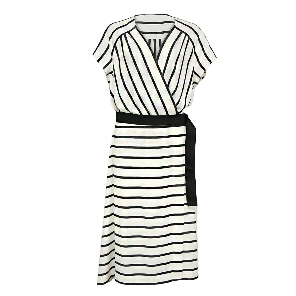 【ICHE 衣哲】Cop.Copine法國原裝進口法式V領綁帶收腰條紋連身裙