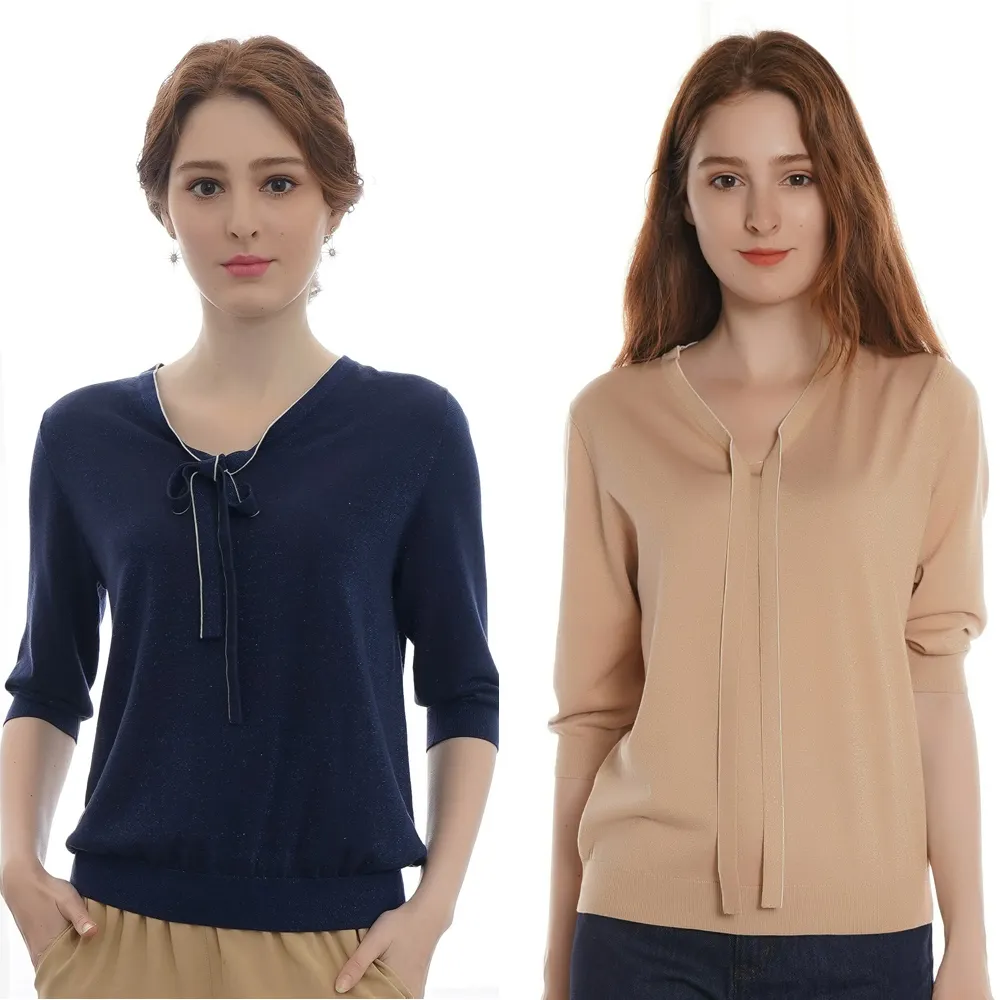 【闕蘭絹】奢華綁帶蠶絲針織上衣