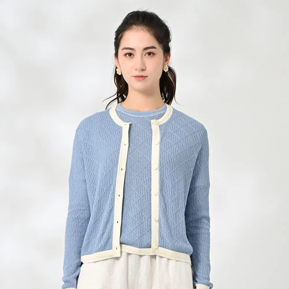 【御絹坊】質感優雅滾邊菱格紋路蠶絲針織外套