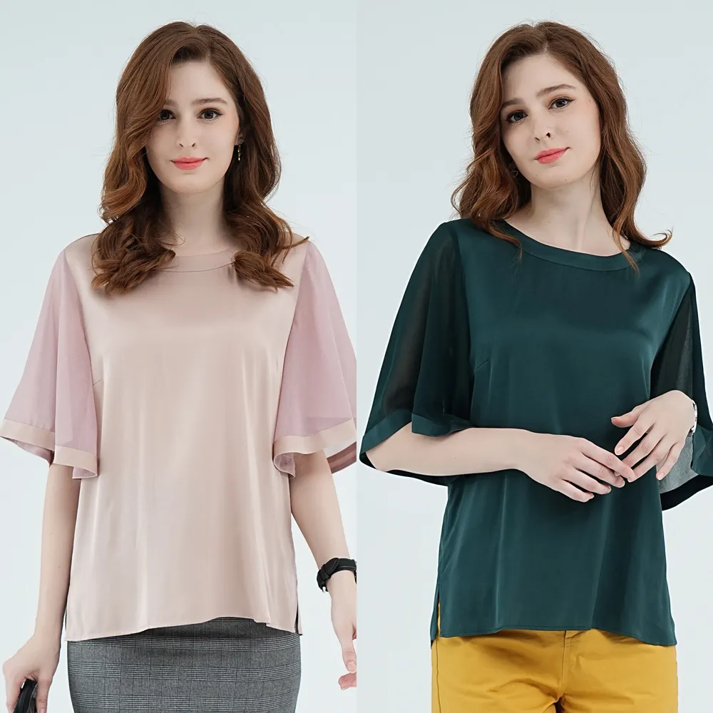 【闕蘭絹】袖荷葉造型蠶絲上衣