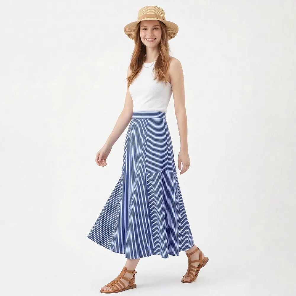 【MON’S】高腰不對稱條紋傘裙子(直)