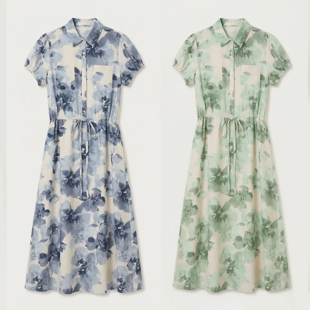 【MON’S】清新印花綁帶長版洋裝(直)