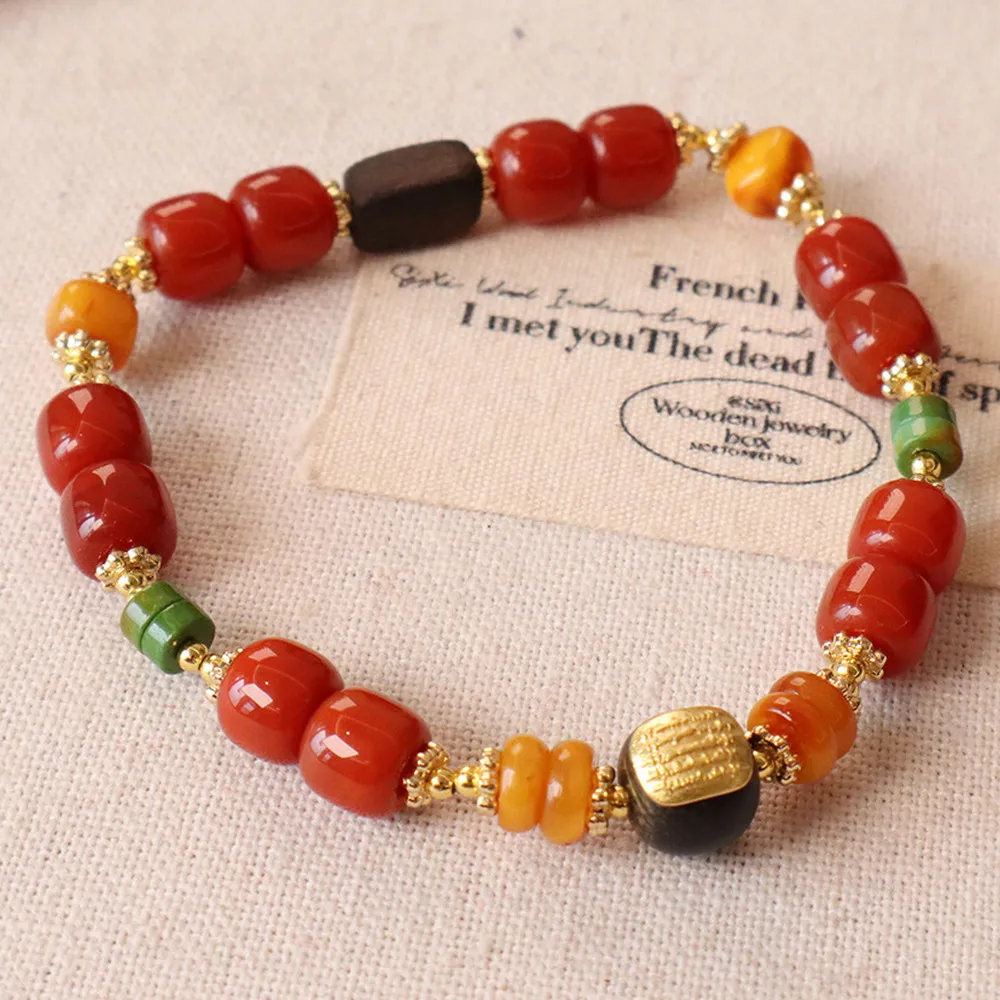 【勝弘珠寶】天然南紅瑪瑙桶珠蜜蠟沉香木手鏈