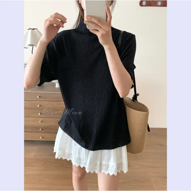 【Want-Meow】超彈質感！百搭！100公斤可！台灣現貨短袖微皺金蔥短袖上衣Want-Meow招財貓旺鋪