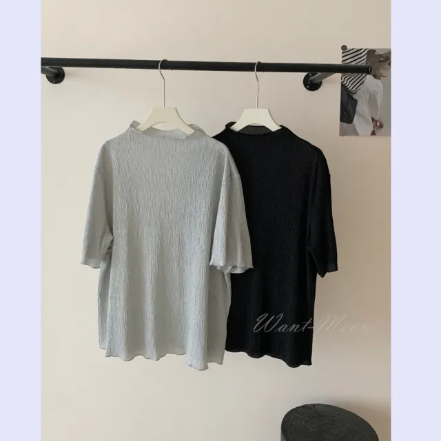 【Want-Meow】超彈質感！百搭！100公斤可！台灣現貨短袖微皺金蔥短袖上衣Want-Meow招財貓旺鋪