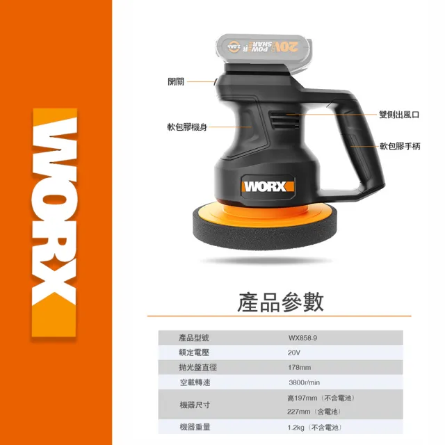 【WORX 威克士】20V  鋰電汽車打蠟拋光機 WX858.9(拋光 打蠟 無線 打蠟機 抛光機 無線打蠟機 鋰電打蠟機)