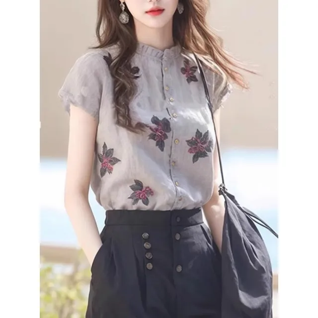 【ALLK 歐楷】新品上架 棉麻印花造型上衣 圖片色 尺寸L-XXL/中大尺碼/涼爽/透氣