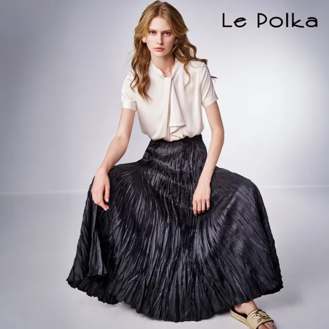 【Le Polka】仿絲緞面壓褶長裙-女