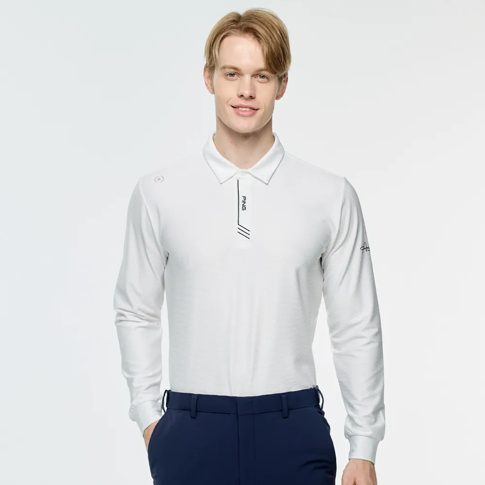 【PING】男款暗釦吸濕排汗薄長袖POLO衫-白(GOLF/高爾夫球衫/PA25209-87)