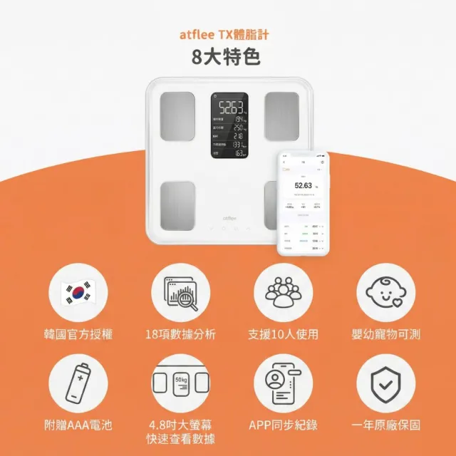 【atflee】韓國KPop明星愛用/TX大螢幕藍芽智能體脂計/18合1專屬APP體脂機/附電池 4色可選(4色可選)