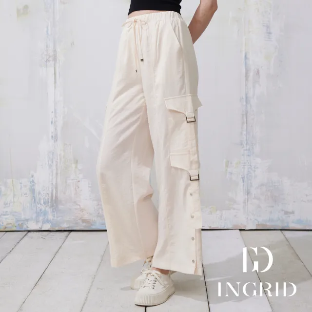 【IGD 英格麗】實體同步款-大口袋排釦休閒寬褲-白色