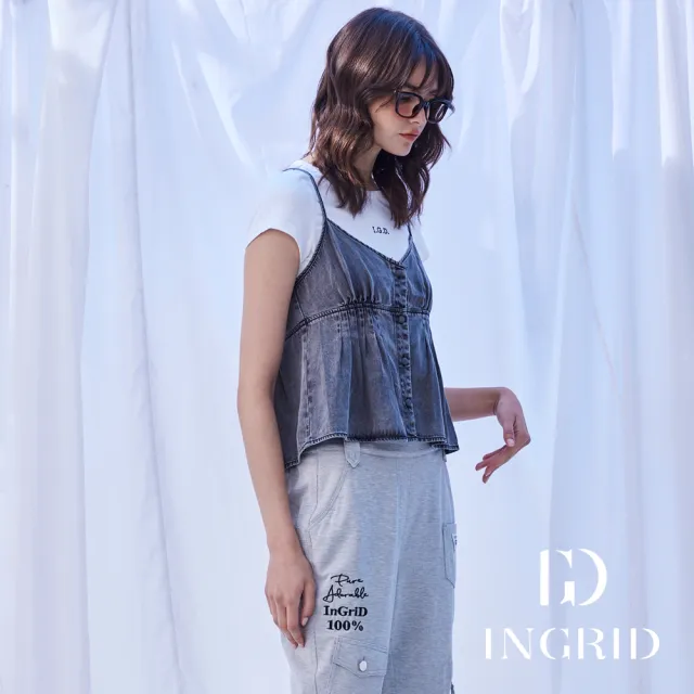 【IGD 英格麗】實體同步款-天絲牛仔背心短版棉T兩件式組合上衣-灰色