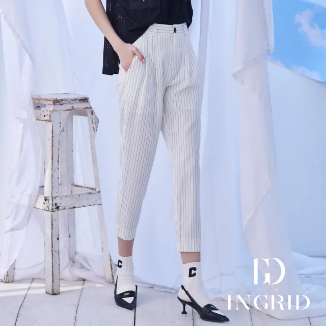 【IGD 英格麗】實體同步款-條紋打褶長褲-白色