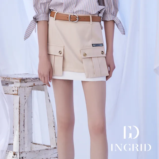 【IGD 英格麗】實體同步款-個性工裝風雙色短裙-杏色