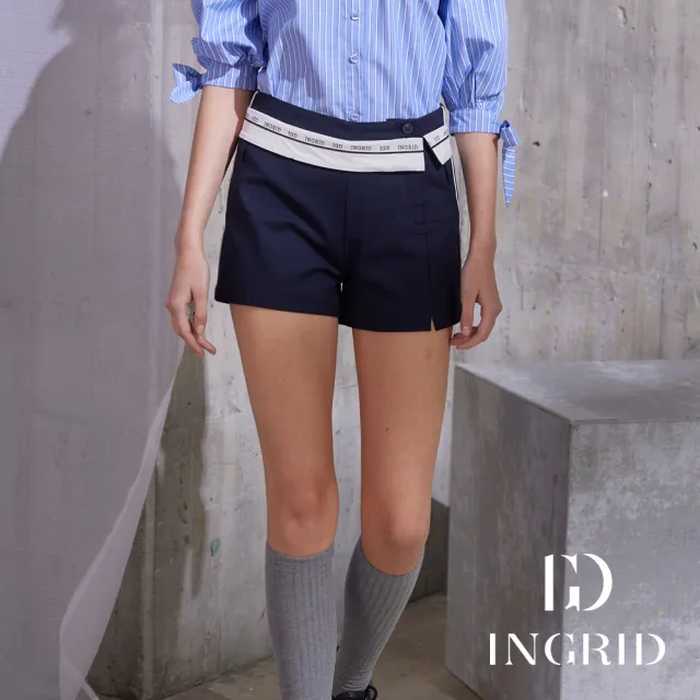 【IGD 英格麗】實體同步款-英式簡約都會翻折短褲-藍色