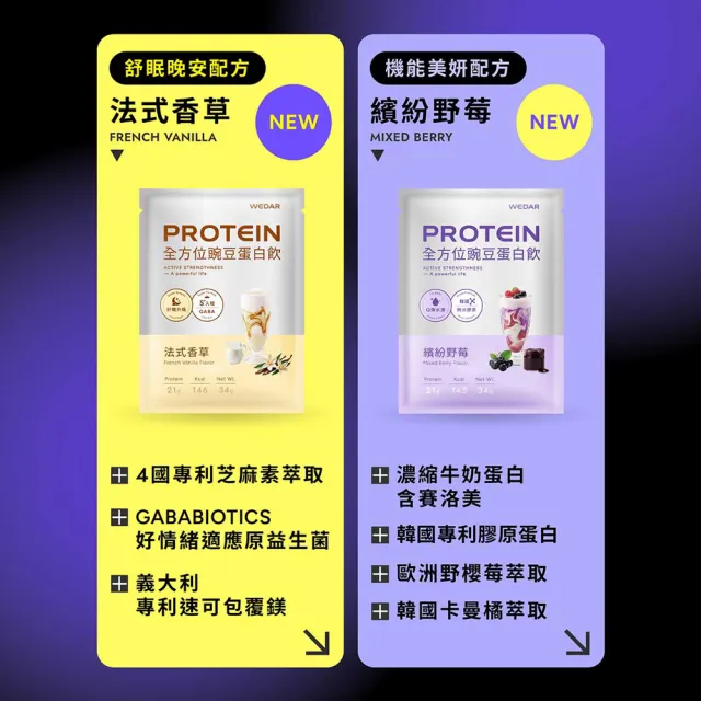 【Wedar 薇達】機能PRO豌豆蛋白飲 60包 任二口味 (34g/包.舒眠.美妍.GABA.膠原蛋白.BCAA.胺基酸.膳食纖維)