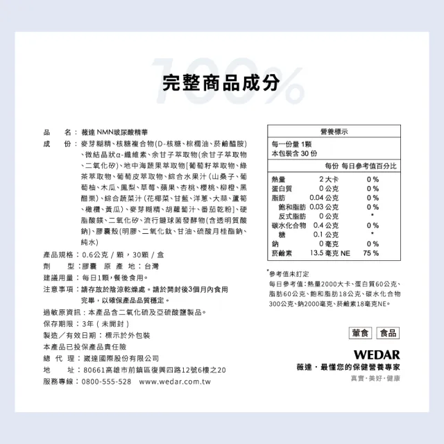 【Wedar 薇達】NMN玻尿酸精華 12盒組(30顆/盒.專利認可NAD+.日本玻尿酸)