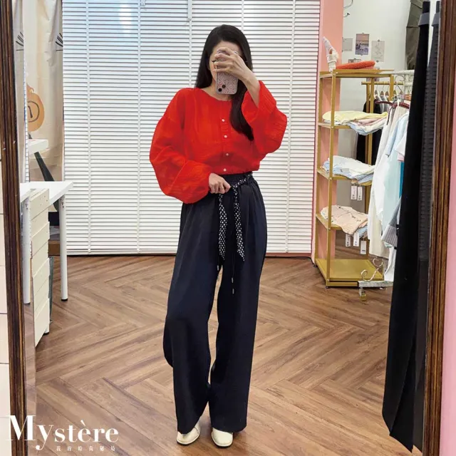 【my stere 我的時尚秘境】雙11 滑面垂墜寬褲 深藍 附絲巾腰帶 涼感寬褲 鬆緊腰寬褲 腰帶寬褲 絲