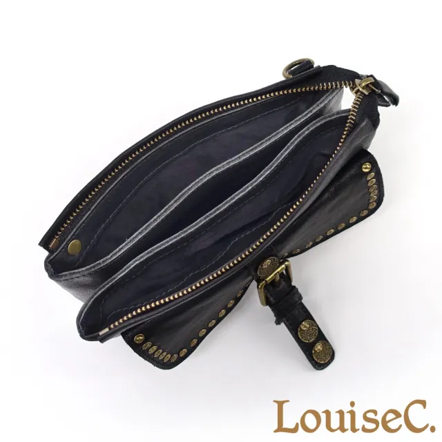 【LouiseC.】雙11 Tree House 植鞣革牛皮個性鉚釘隨身手機手拿斜背小真皮包-黑色-小尺寸多隔層設