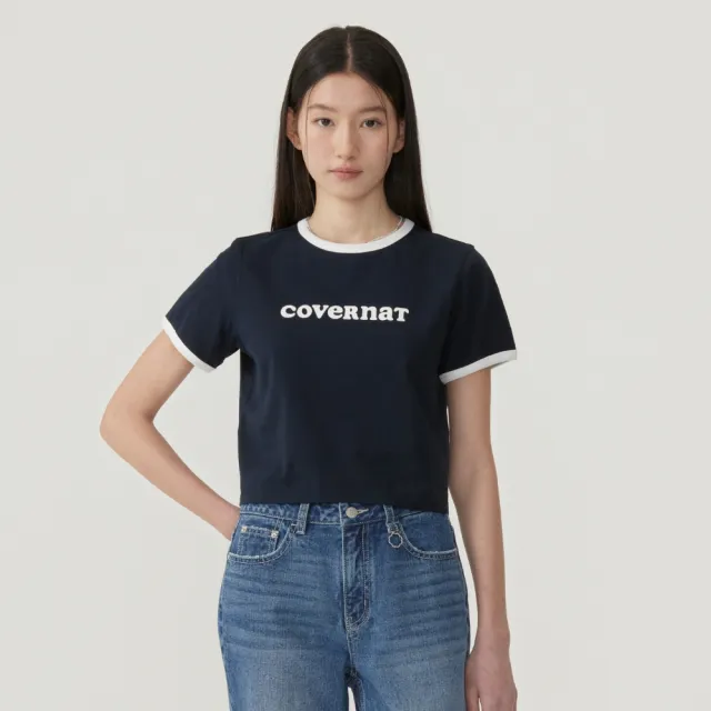 【COVERNAT】官方旗艦館 女款短版Logo滾邊短袖T恤(WMS短袖上衣 綠/象牙白/海軍藍色)