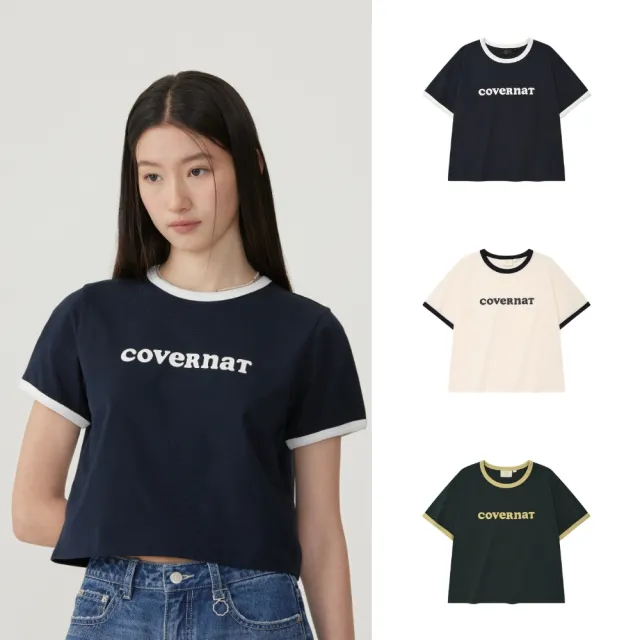 【COVERNAT】官方旗艦館 女款短版Logo滾邊短袖T恤(WMS短袖上衣 綠/象牙白/海軍藍色)