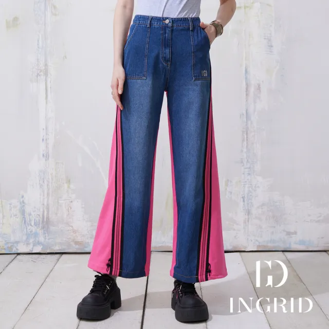 【IGD 英格麗】實體同步款-牛仔拼接雙色寬褲-桃紅色
