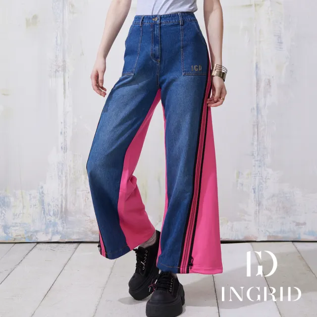 【IGD 英格麗】實體同步款-牛仔拼接雙色寬褲-桃紅色