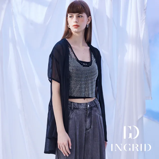 【IGD 英格麗】實體同步款-流蘇綁帶格紋雪紡長版罩衫外套-黑色